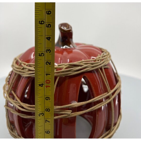 Ceramic Pumpkin Candle Holder With Rustic Wicker Detailing - Picture 13 of 13